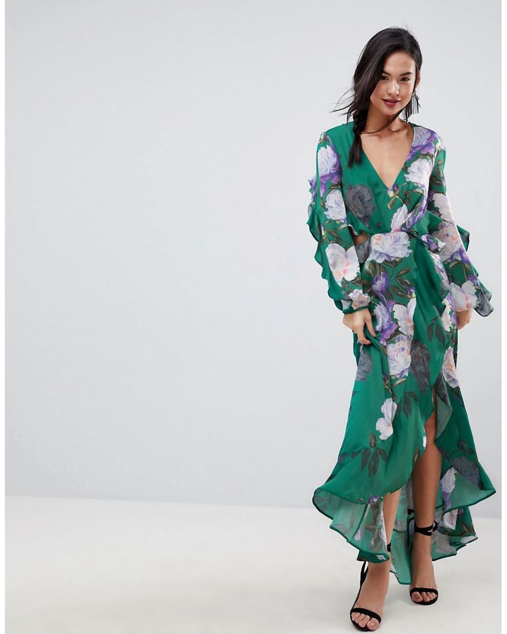 Robe longue fleurs et volants ASOS en coloris Vert | Lyst