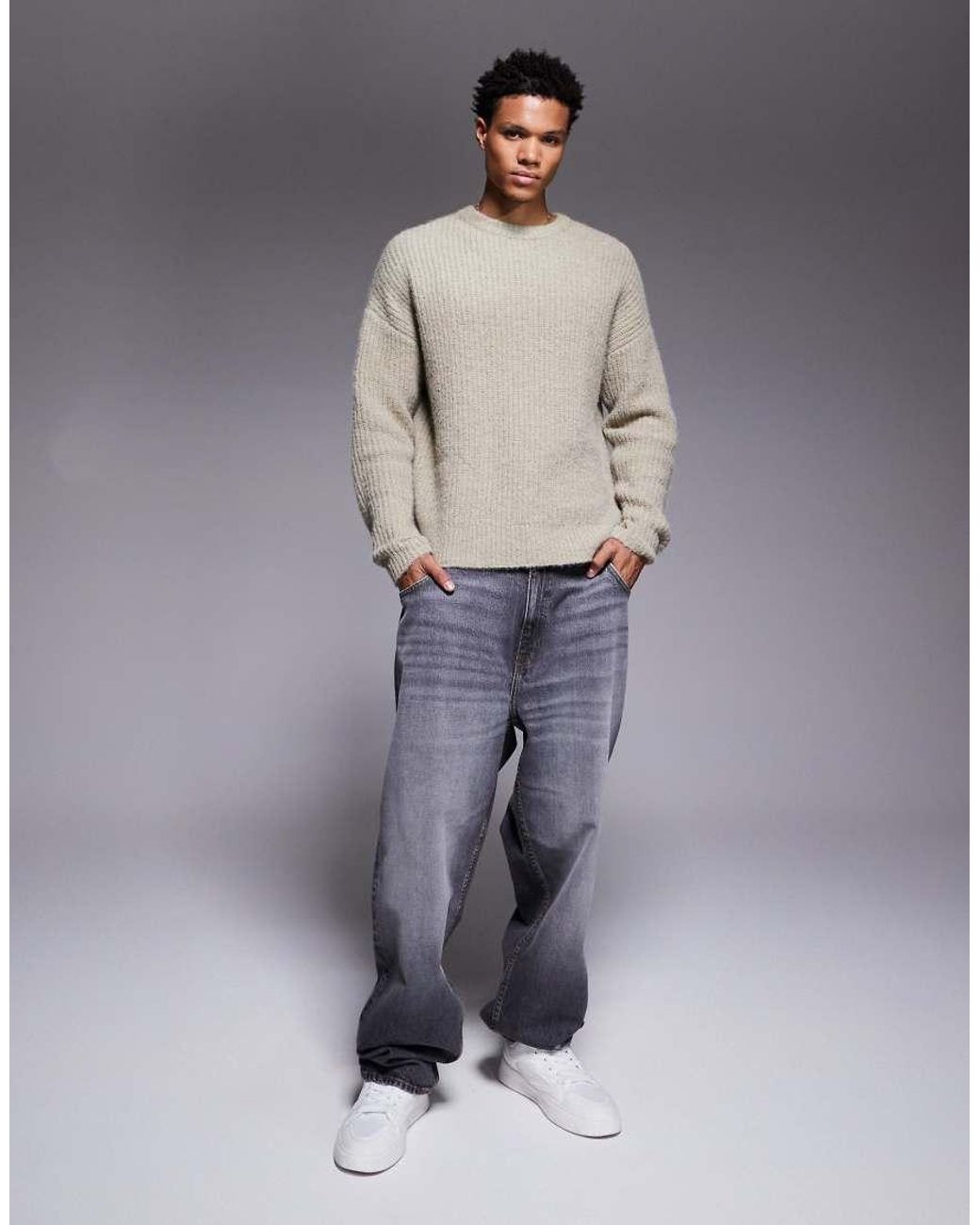 ASOS Gray Relaxed Knitted Crew Neck Jumper for men