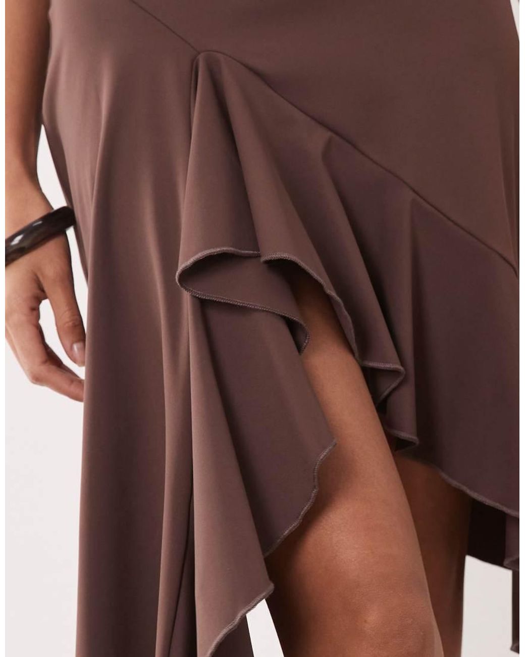 The Frolic Natural Exclusive Plunge Cowl Neck Asymmetric Ruched Drape Front Midi Dress
