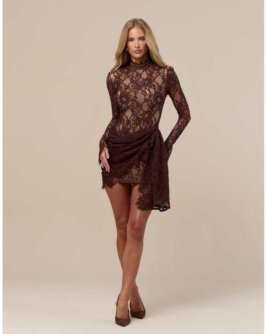 Wanderdoll Natural Cece Lace High Neck Drape Waist Detail Mini Dress