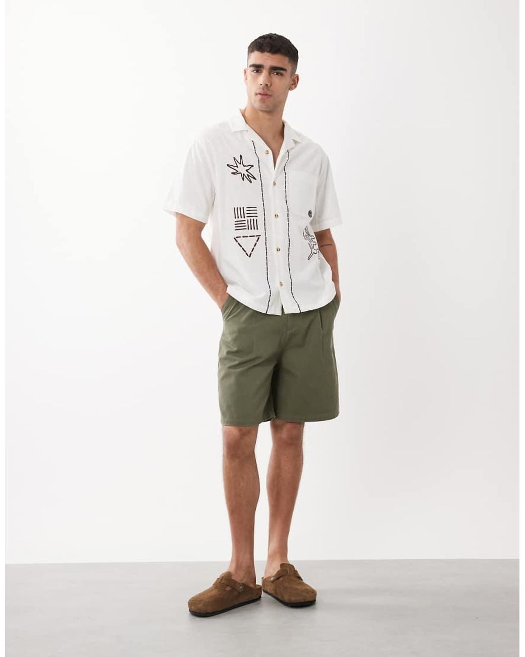 ASOS White Relaxed Shirt With Linen And Floral Embroidery for men