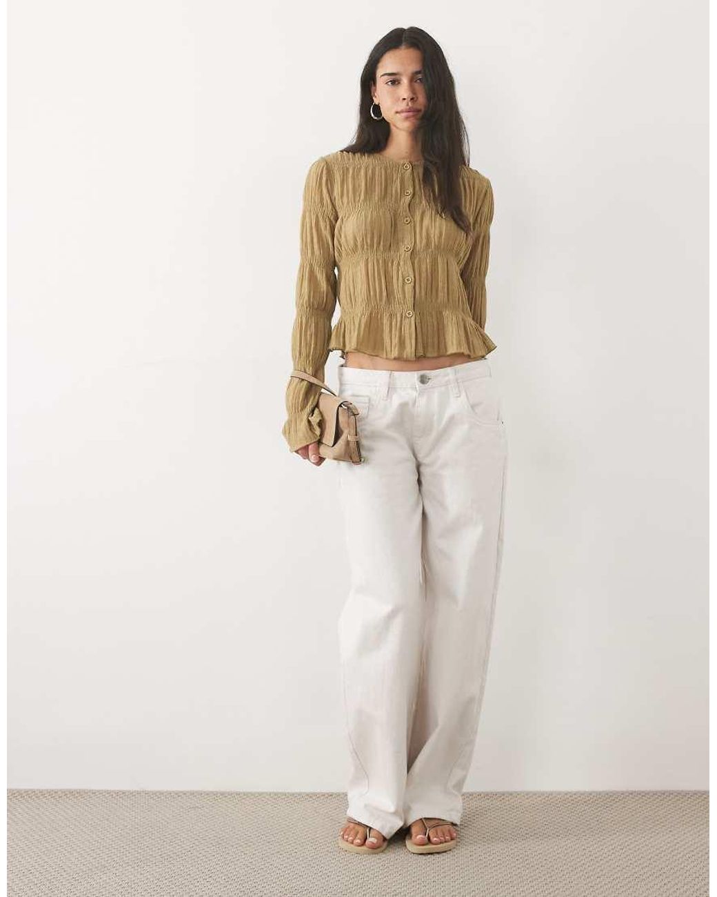 Miss Selfridge Green Textured Button Through Top With Flare Sleeve
