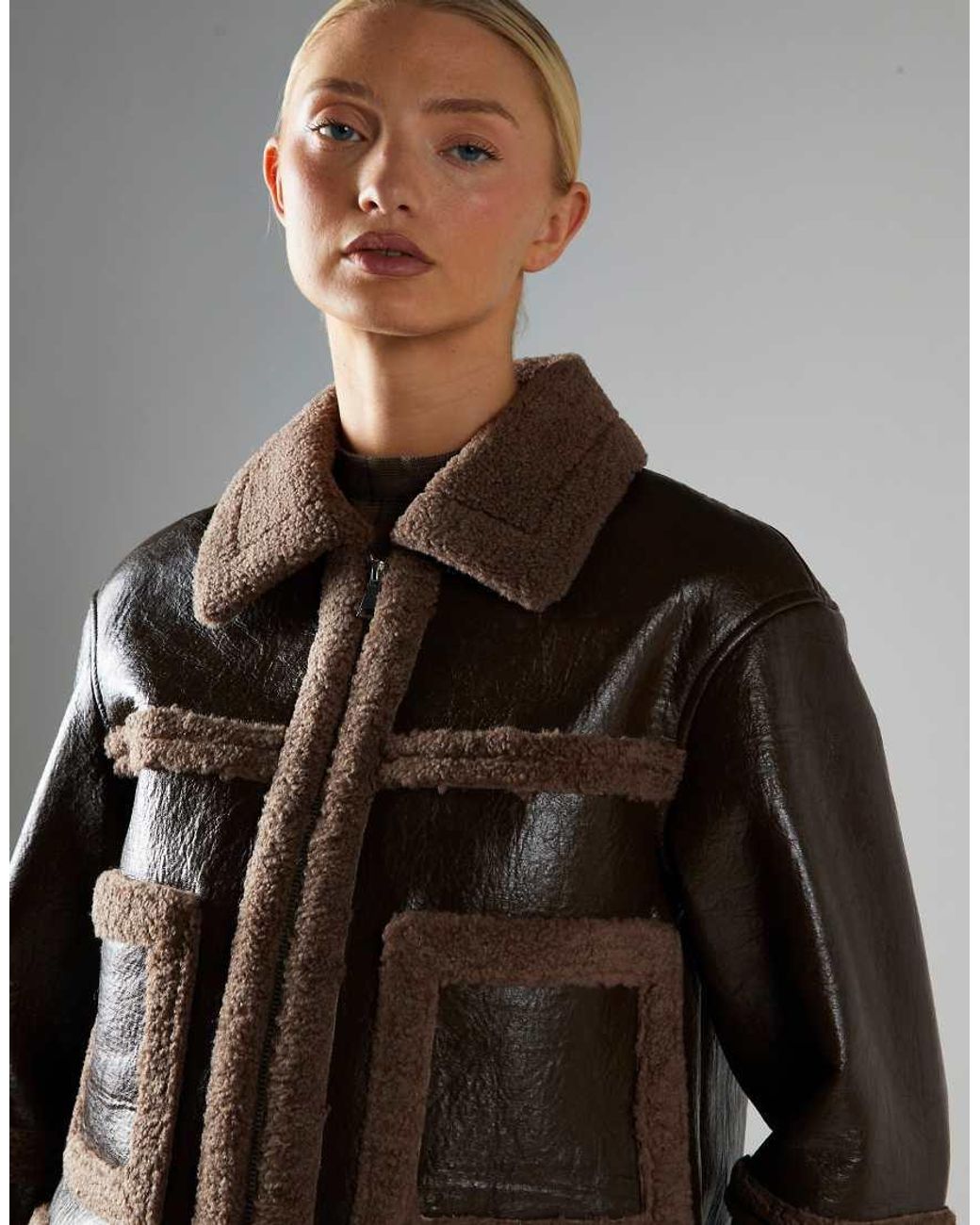 Glamorous Brown Faux Leather Aviator Jacket