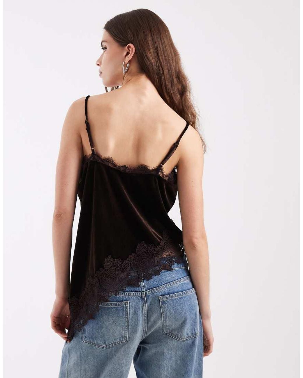 Vero Moda Black Asymm Velvet Cami Top With Lace Detail