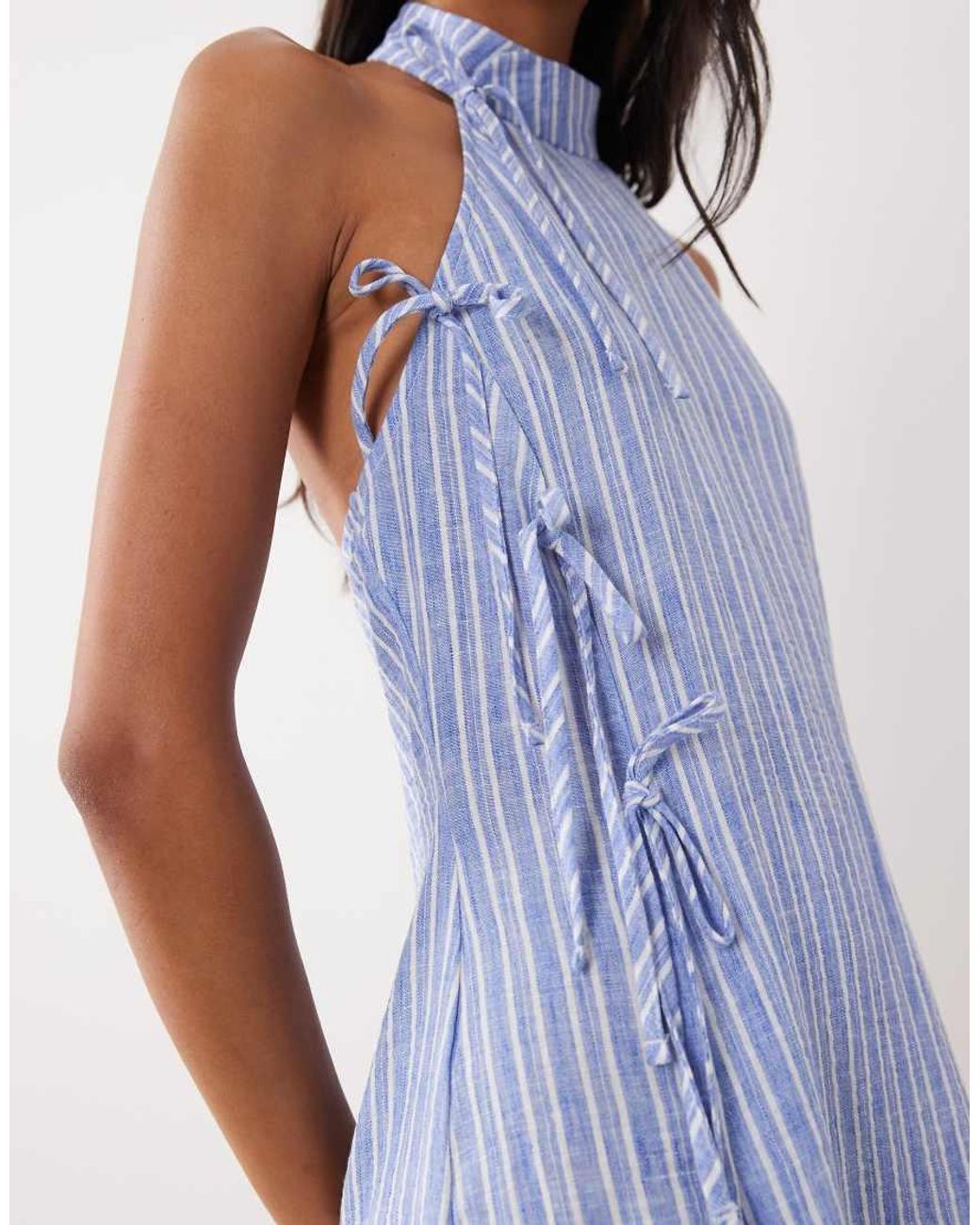 ASOS Blue Linen Halter Tie Detail Mini Dress