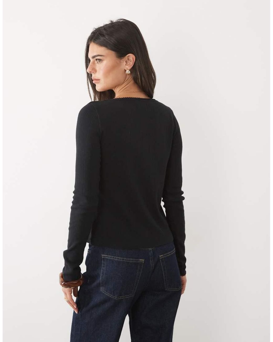Nobody's Child Black Erin Cotton Pointelle Round Neck Lace Detail Cardigan