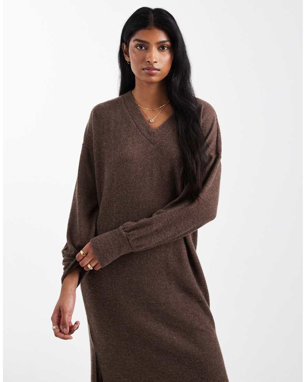 Vero Moda Brown Soft Rib Knit V Neck Midi Dress