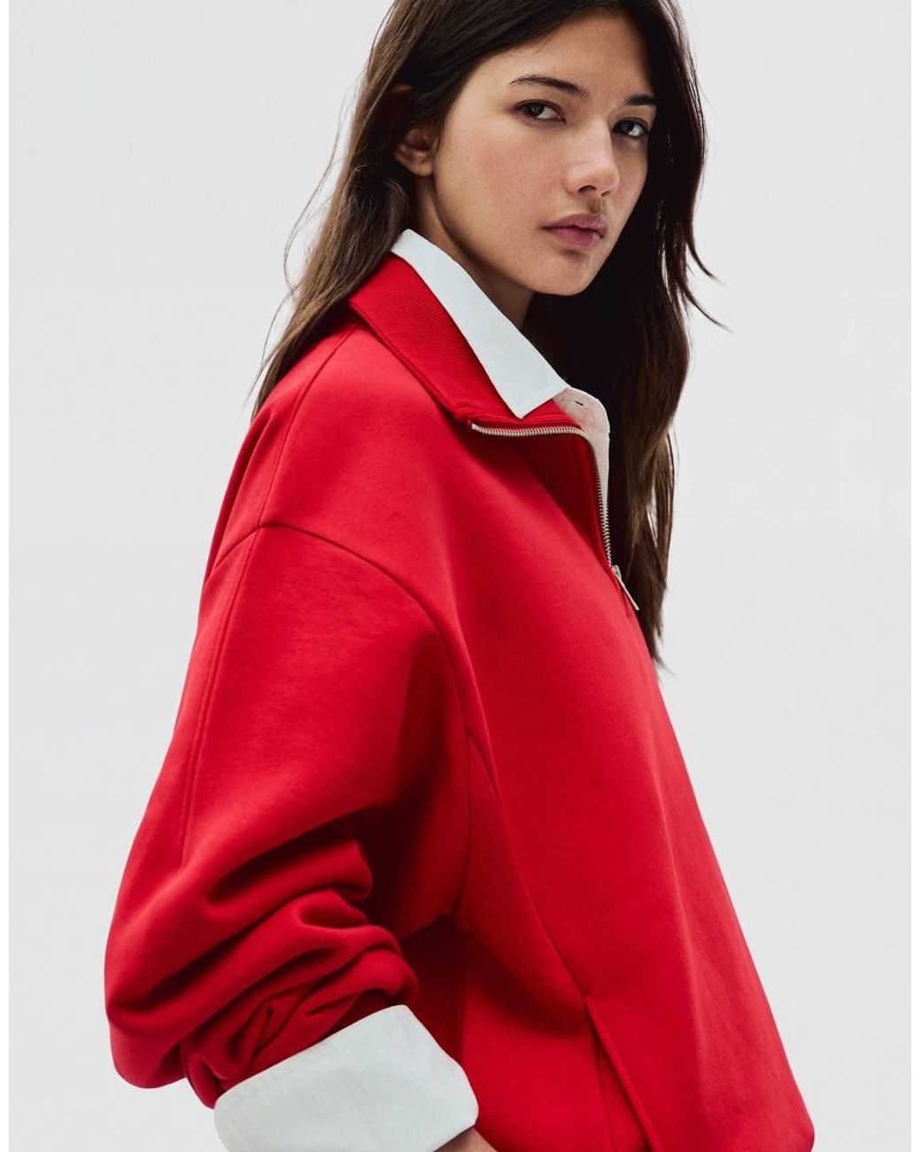 Bershka Red High Neck Zip-Up Sweatshirt