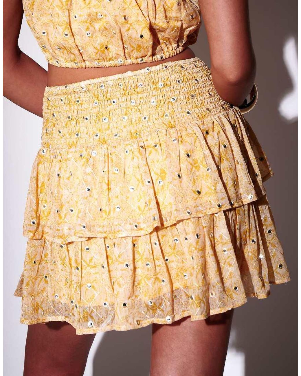 South Beach Yellow Embroidered Mirror Detail Frill Mini Skirt