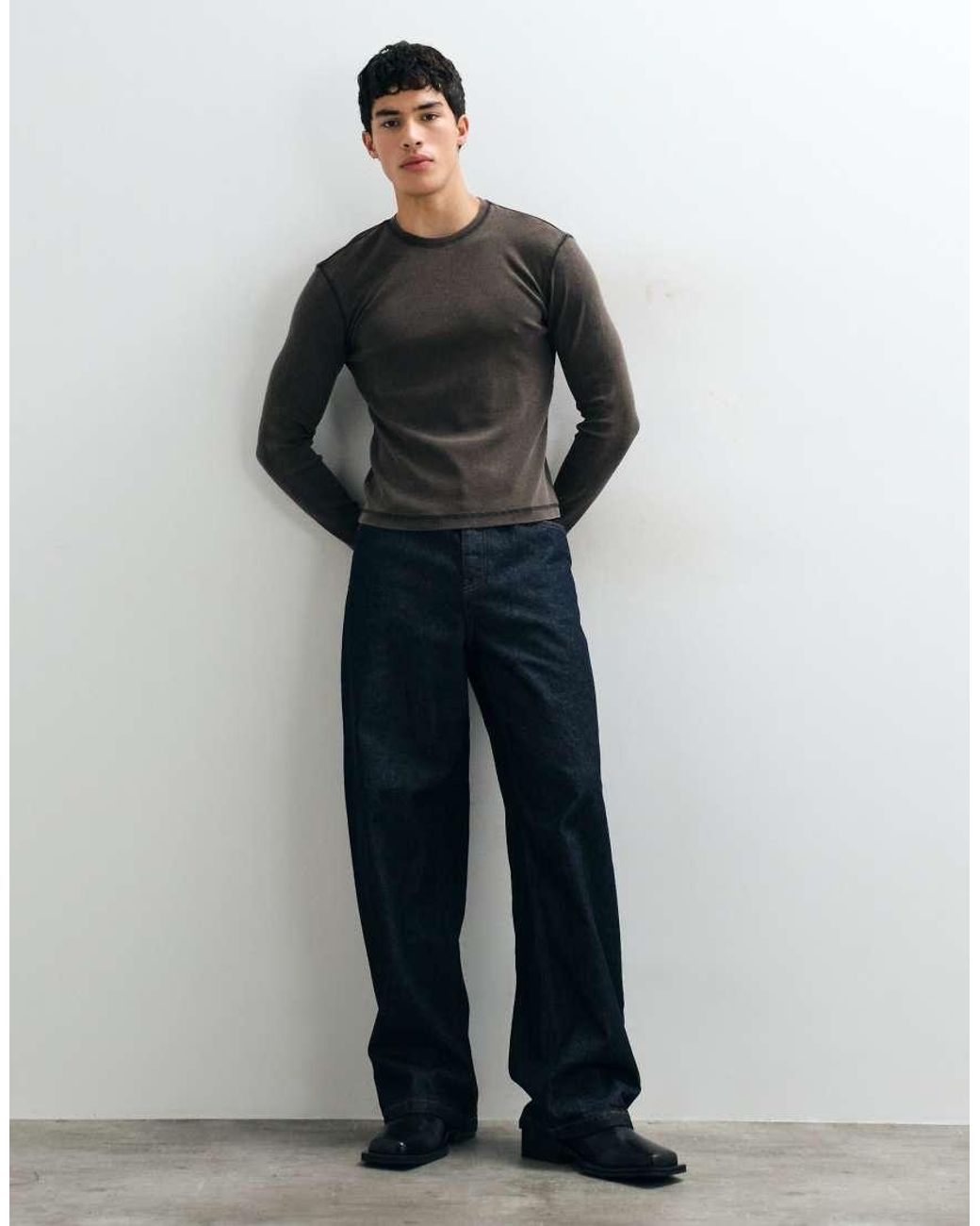 Weekday Gray Slim Fit Rib Long Sleeve T-shirt for men