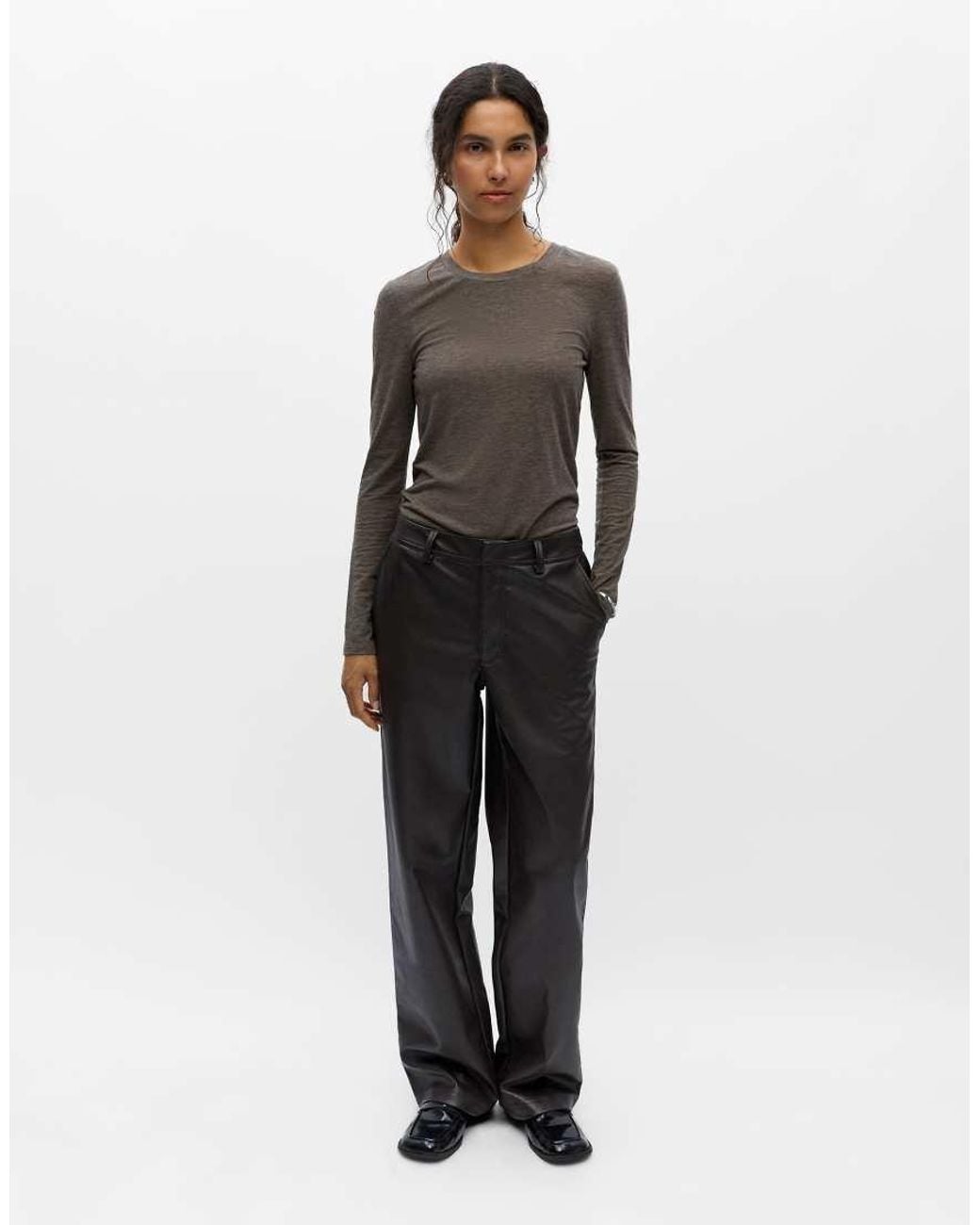 Object Black Liva Faux Leather Mid Waist Wide Leg Trousers