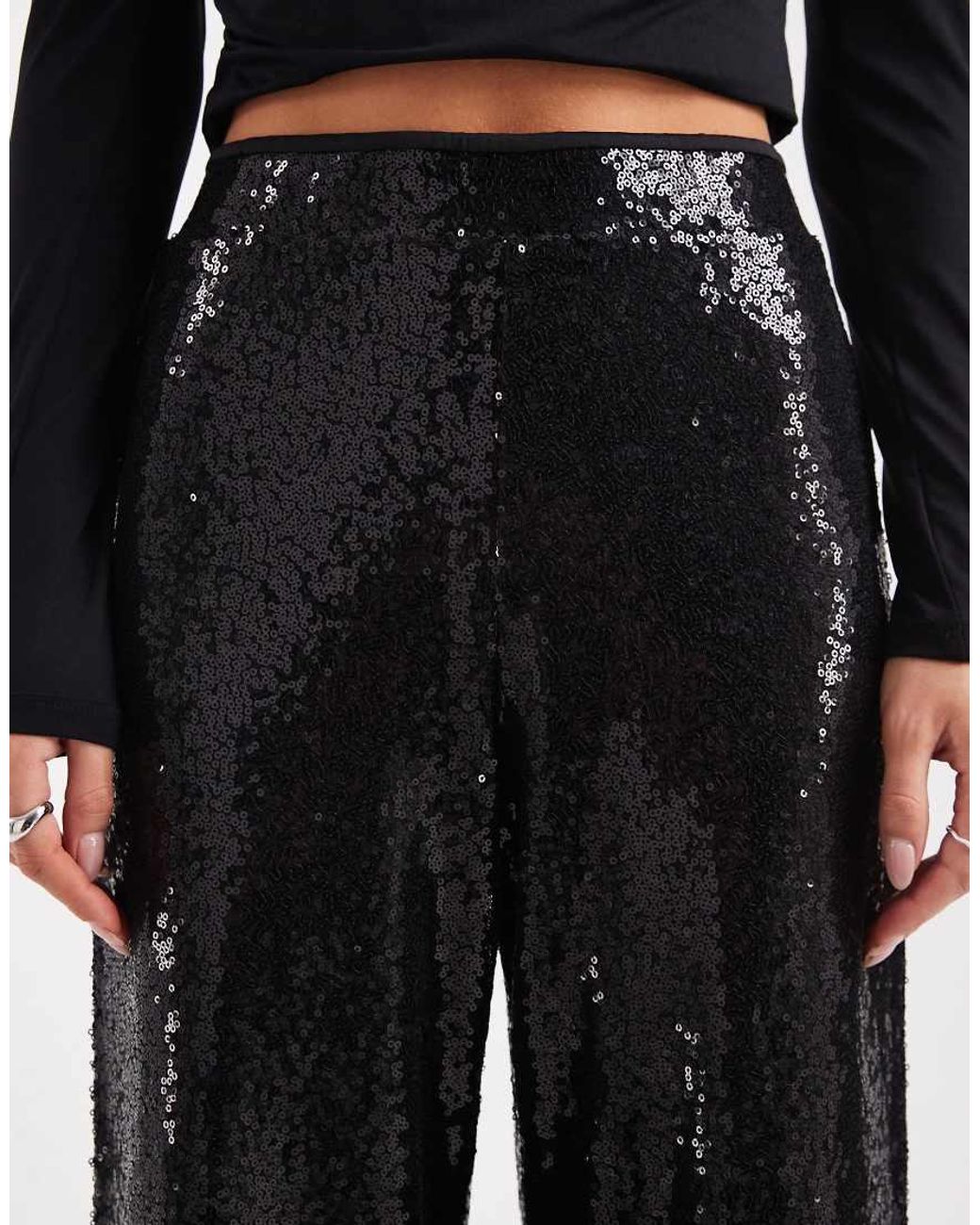 Only Petite Black High Waist Pull On Sequins Trousers