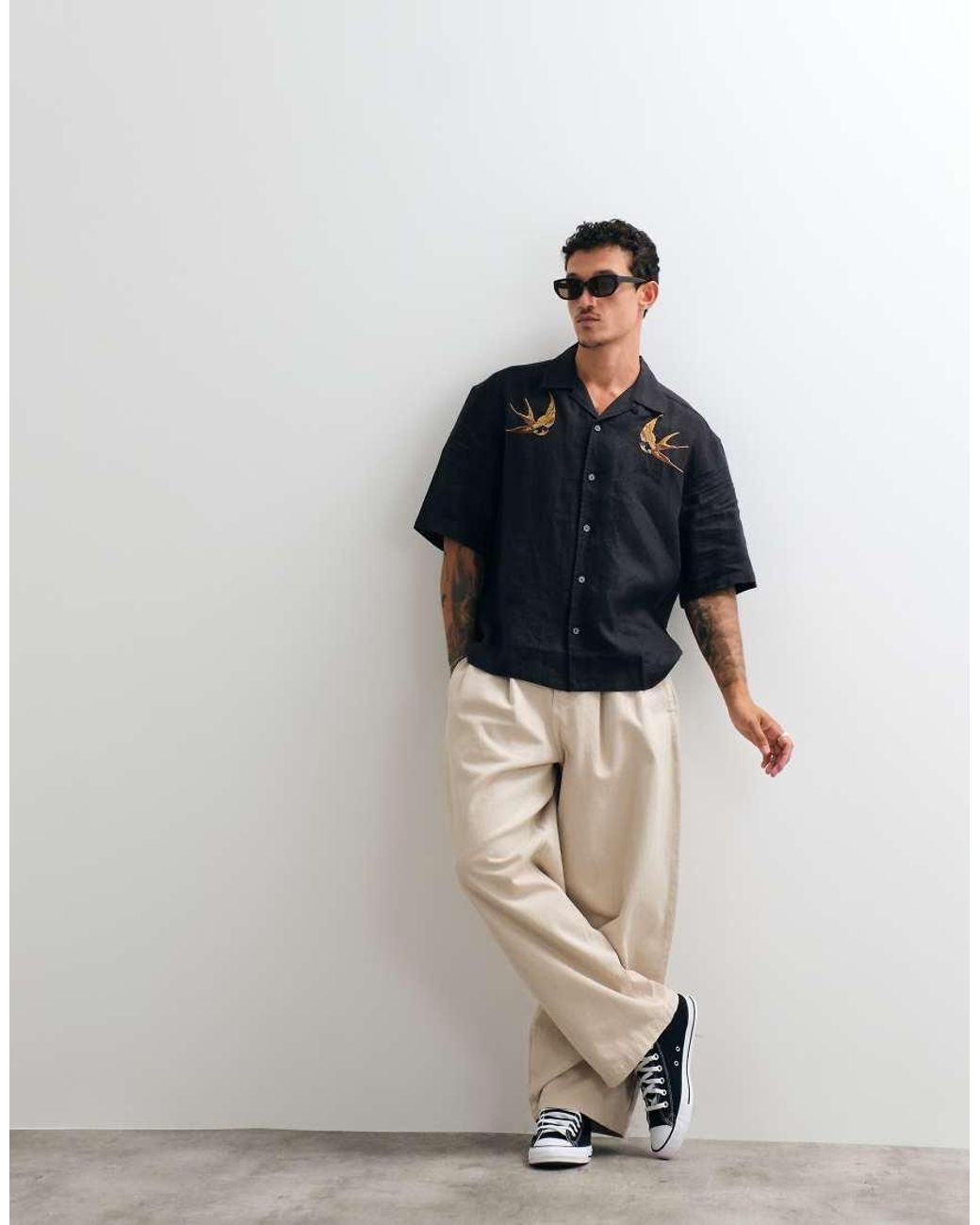 AllSaints Black Avia Short Sleeve Embroidered Sparrow Linen Shirt for men