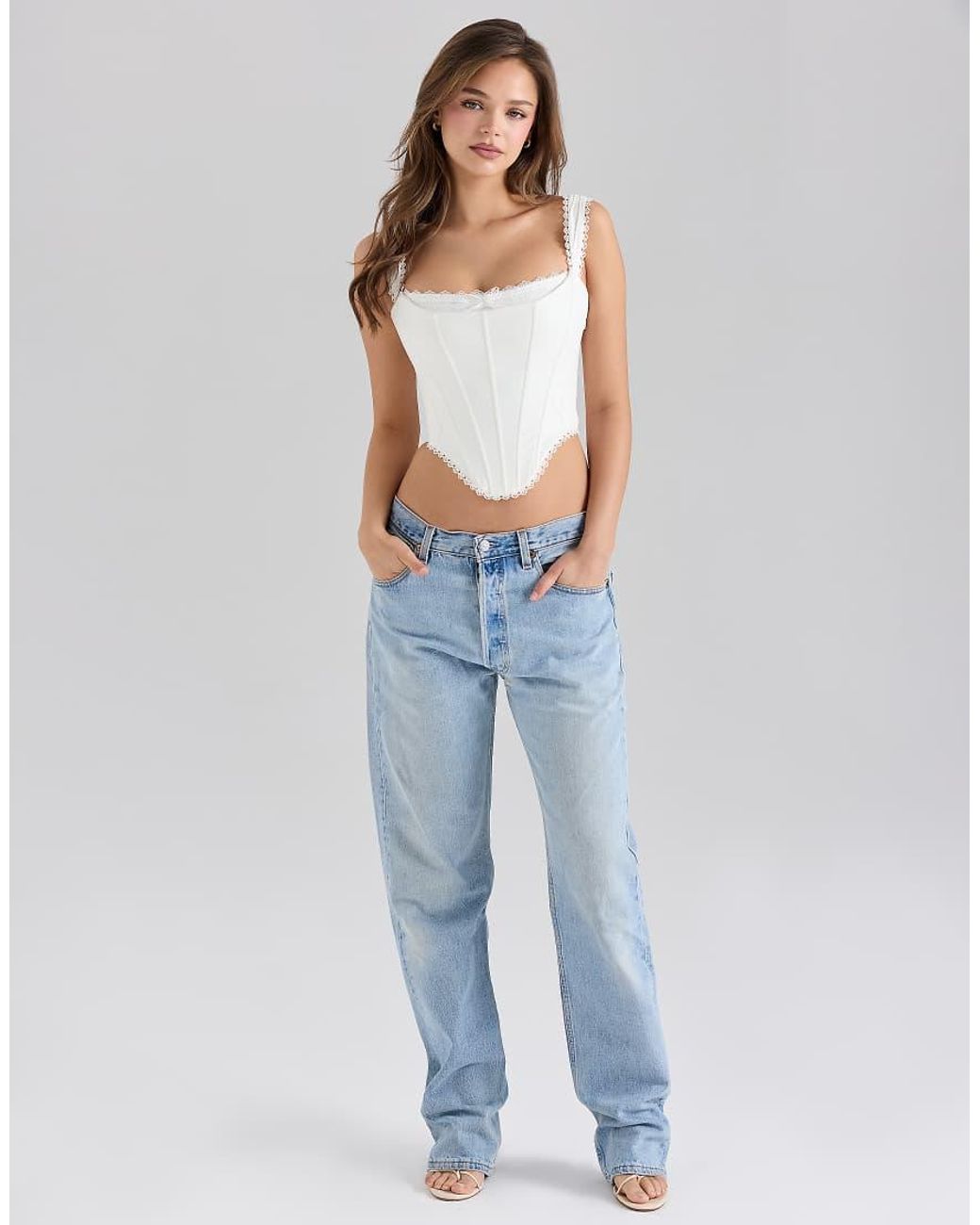 House Of Cb Gray Adina Stretch Cotton Scallop Trim Corset Top