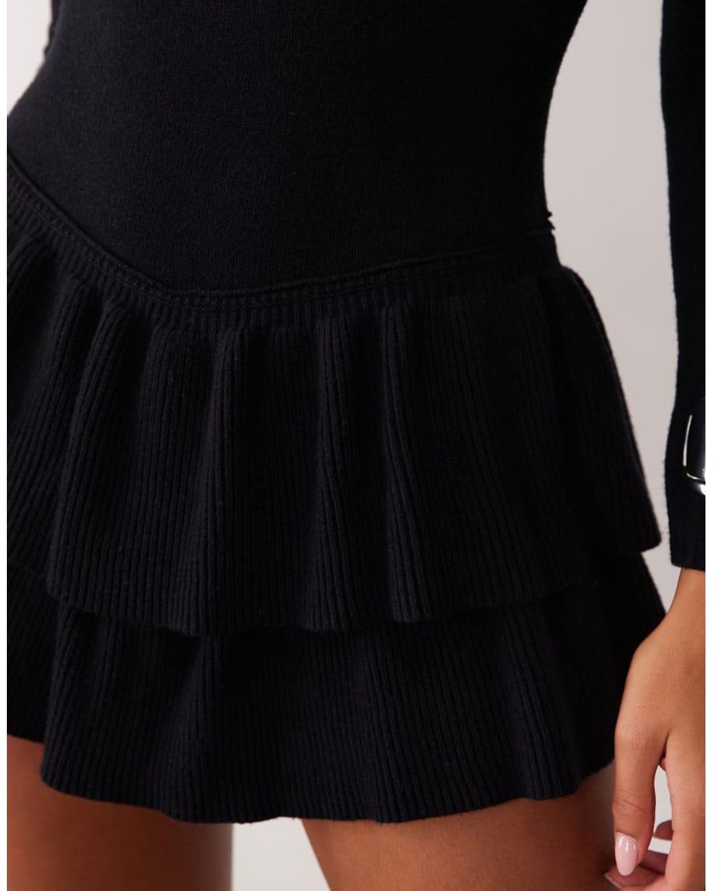 Aria Cove Black Knitted Long Sleeve Ruffle Skirt Mini Dress
