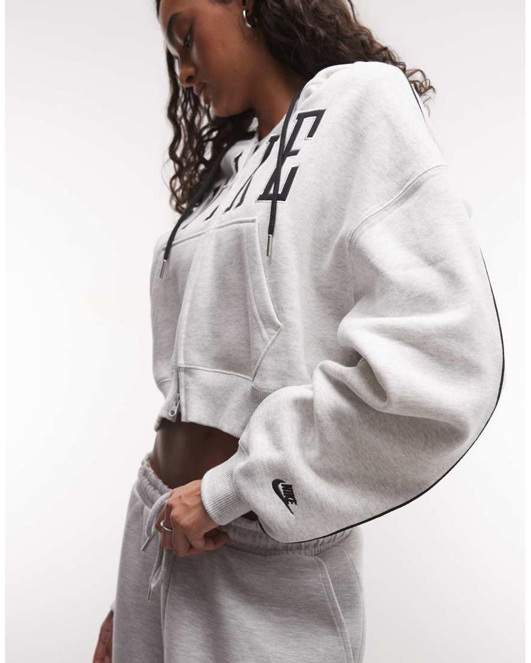 Nike White Studio Fleece Mid-Weight Oversized Cropped Zip-Through Logo Hoodie