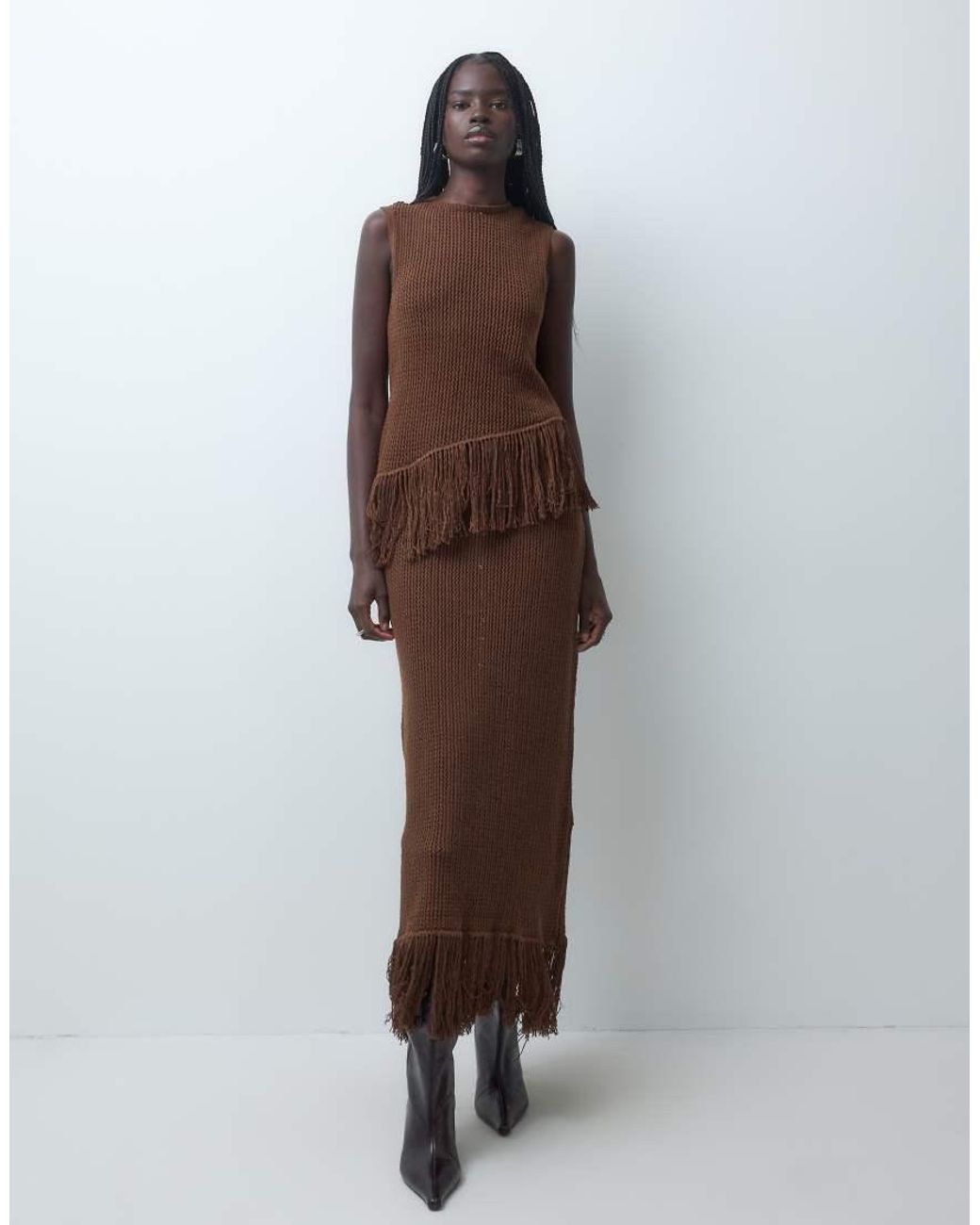 Miss Selfridge Brown Knitted Midi Skirt With Fringing