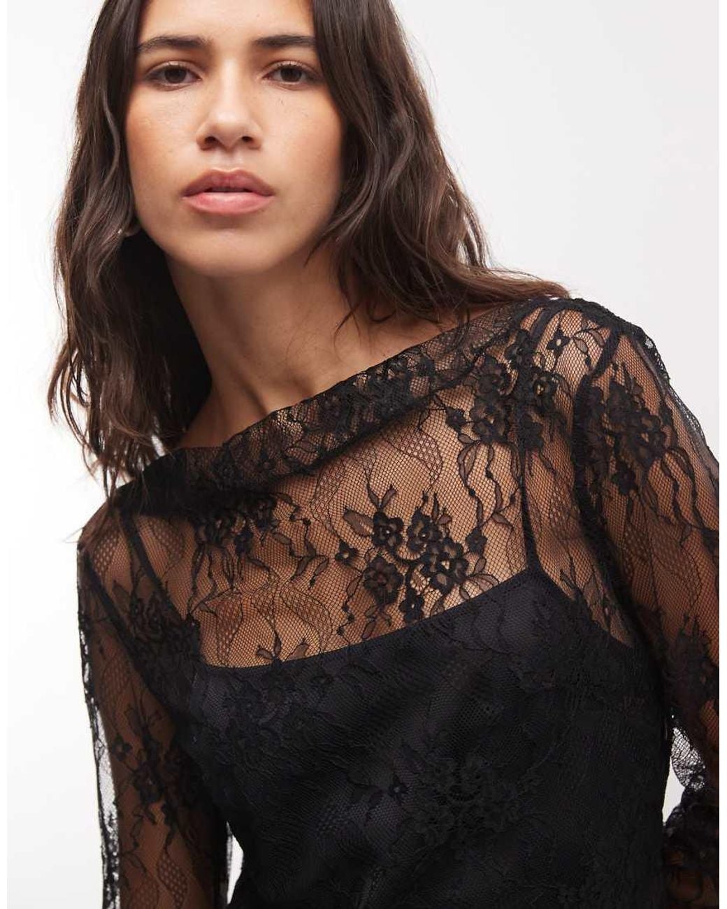 Monki Black Exclusive Sheer Long Sleeve Lace Mini Dress