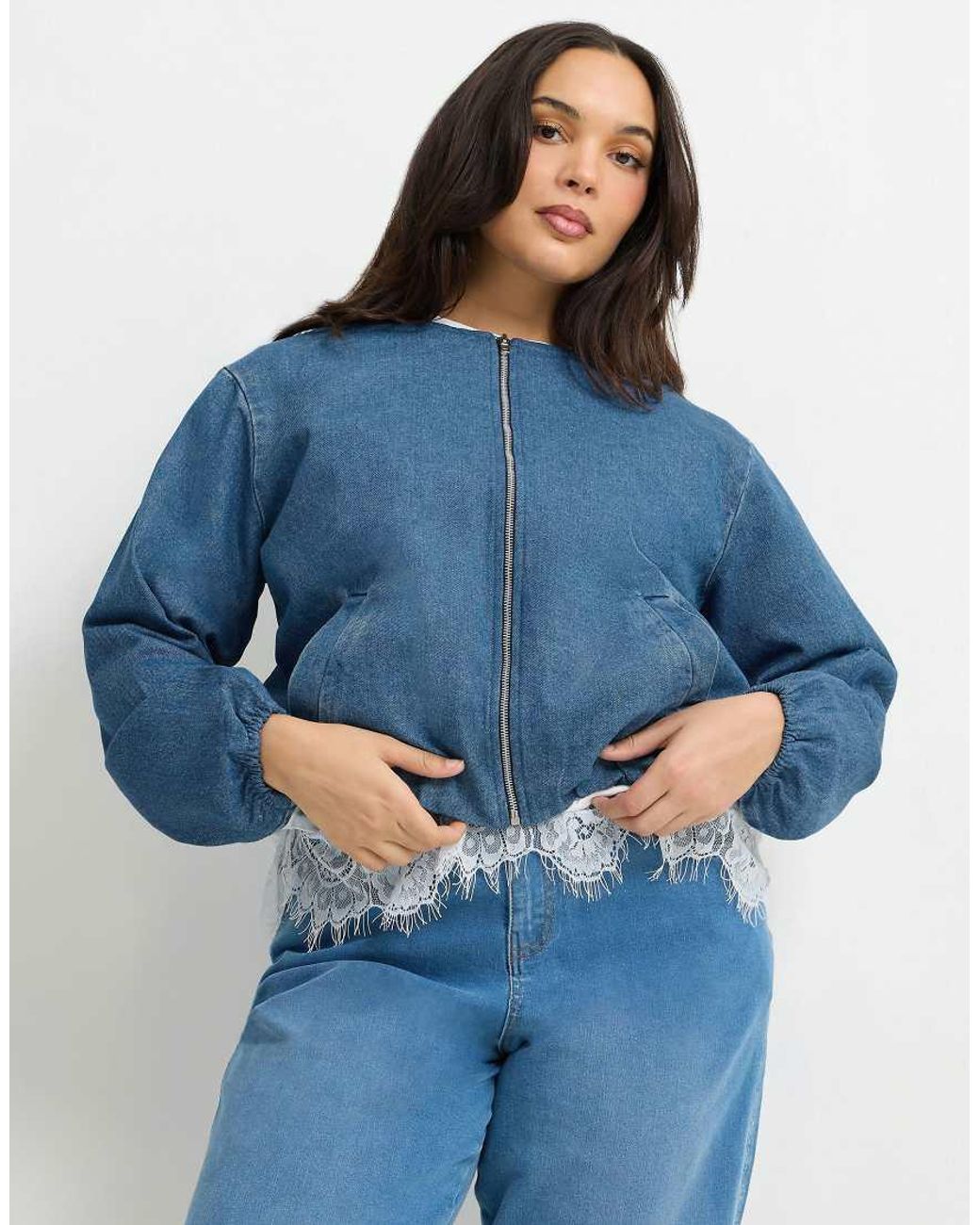 Yours Clothing Blue Denim Bomber Jacket