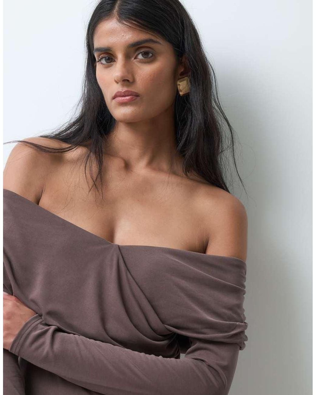 Miss Selfridge Brown Off Shoulder Wrap Mini Dress