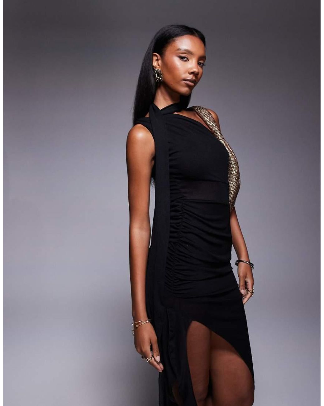 Public Desire Blue Mesh Choker Detail Asymmetric Midaxi Dress