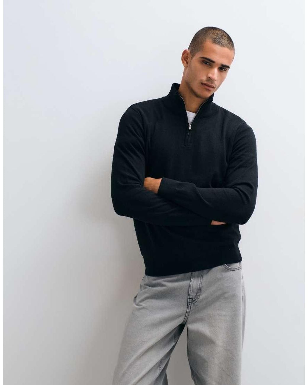 Threadbare Blue Knitted Quarter Zip Jumper for men