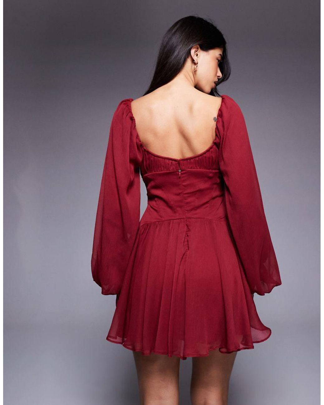 ASOS Red Puff Sleeve Chiffon Lace Up Mini Skater Dress