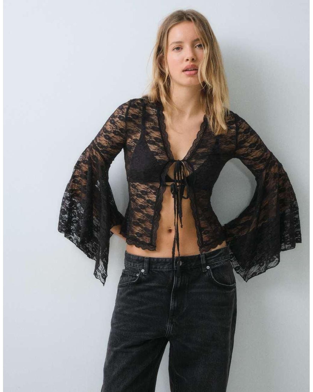 Miss Selfridge Black Lace Tie Front Top With Fluted Sleeve
