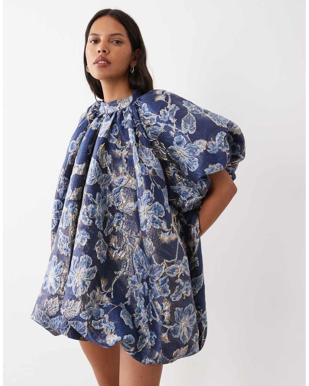 Sister Jane Blue Aquilla Jacquard High Neck Puff Sleeve Bubble Hem Mini Dress
