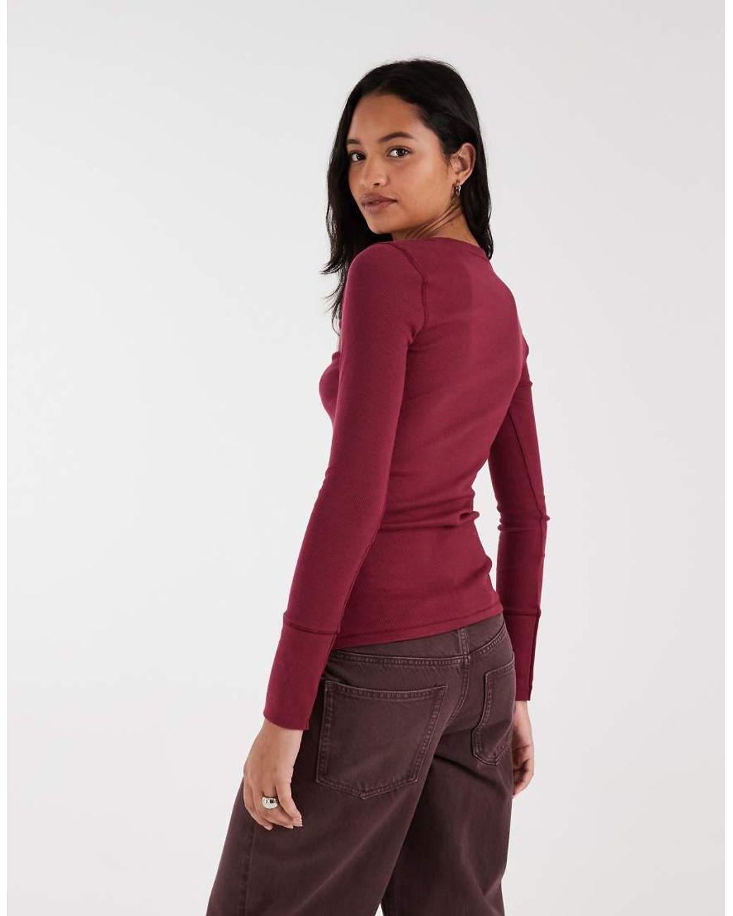 Hollister Red Long Sleeve Button Up Henley Top