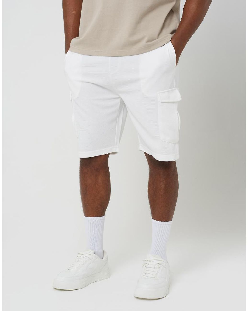 Brave Soul White Textured Cargo Shorts for men