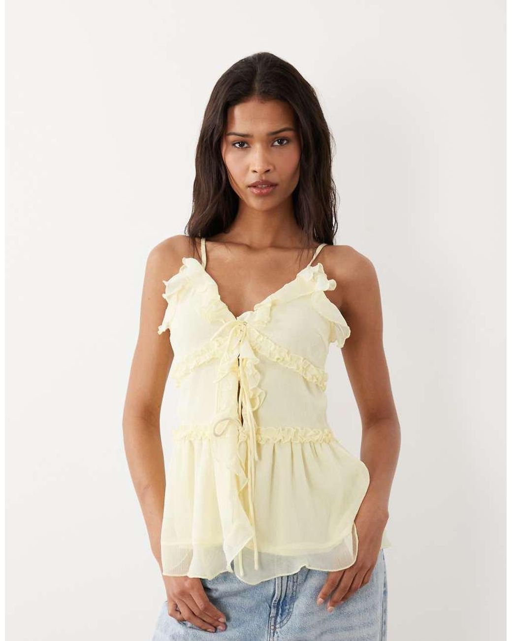 Vila Natural Tie Front Cami Top With Frill Trim