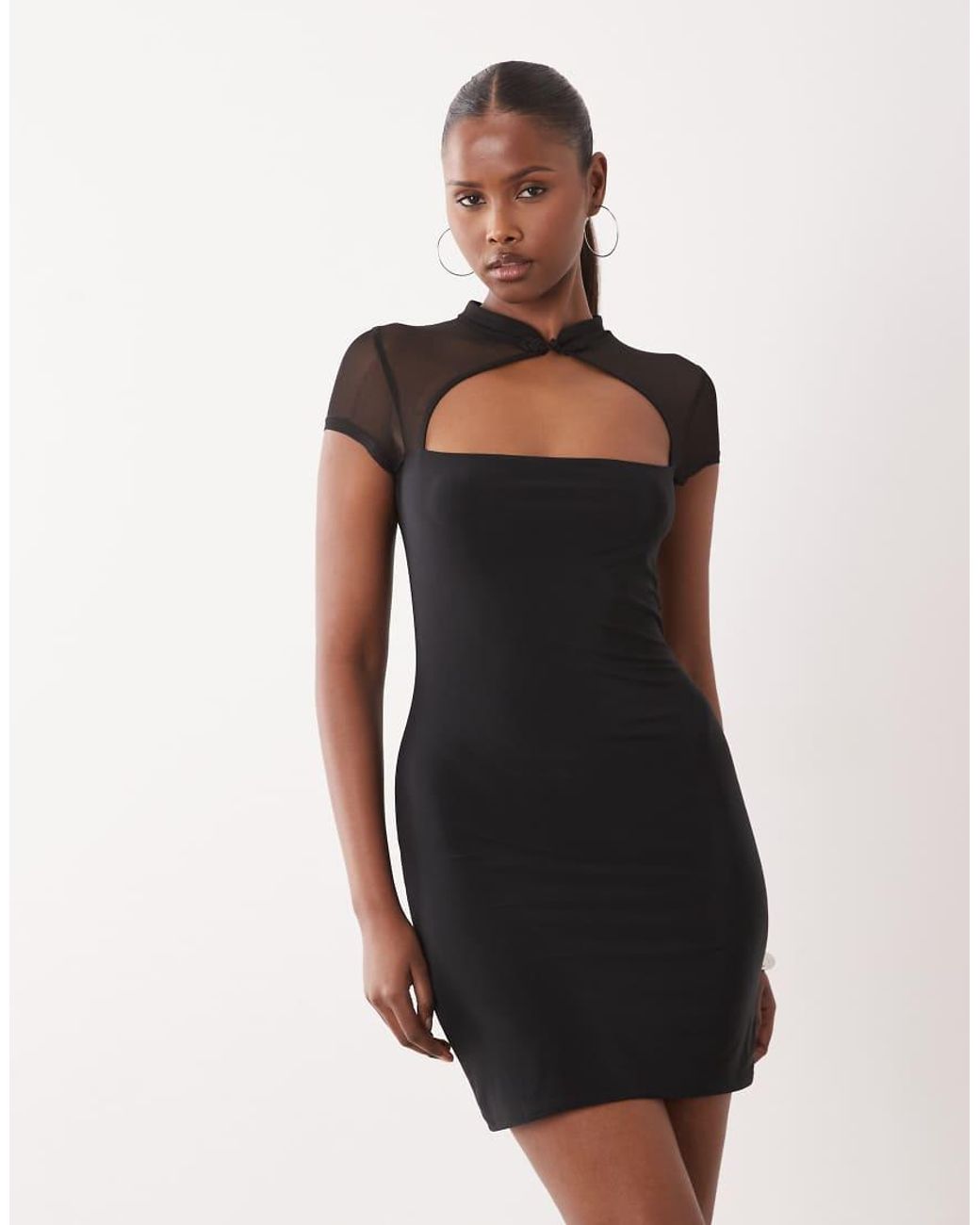 ASOS Natural Slinky Rouleau Loop Mini Dress With Mesh Cutout