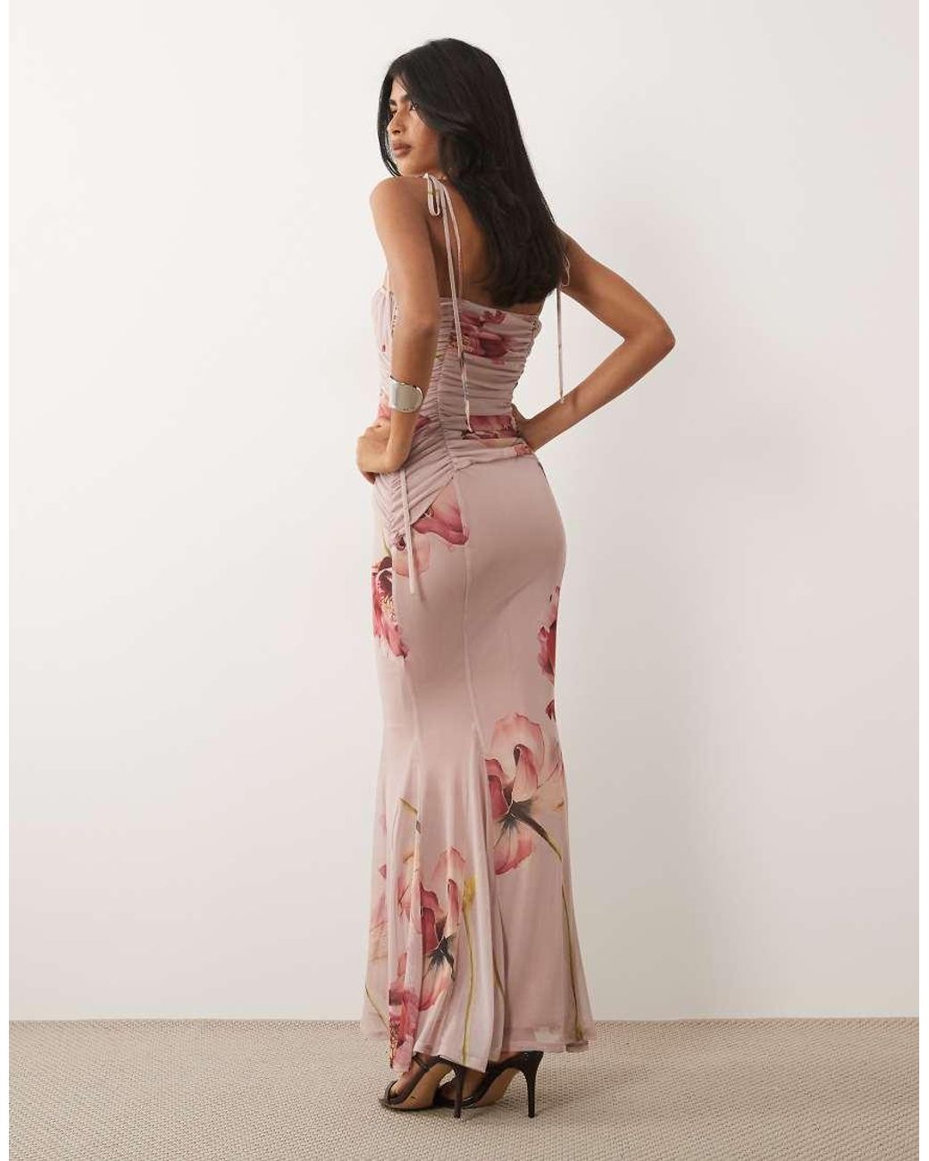 ASOS Brown Printed Mesh Fishtail Dress With Contrast Bust Insert
