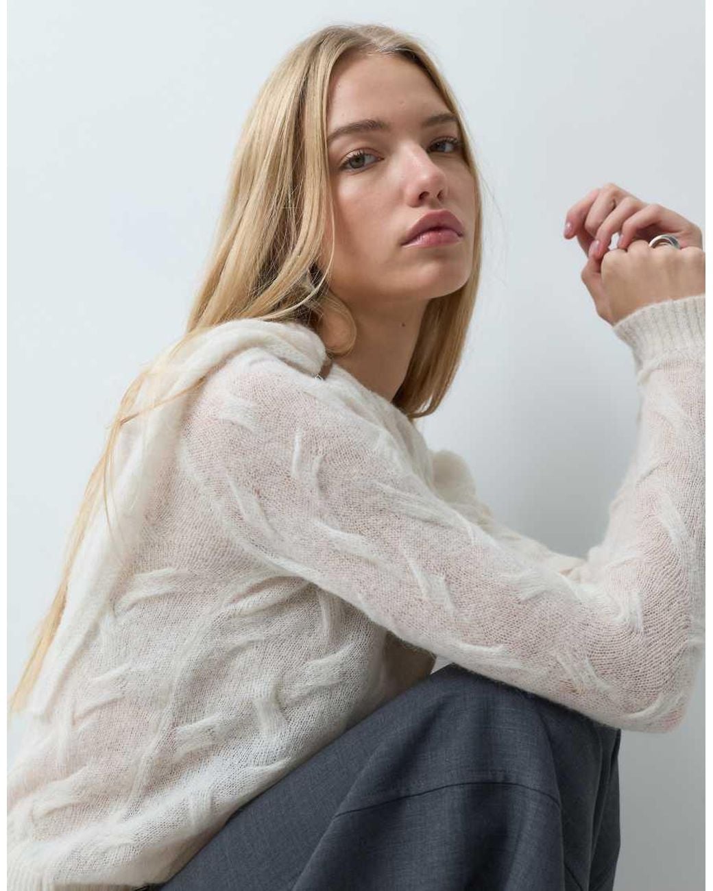 laagam White Parker Asymmetric Textured Knitted Jumper