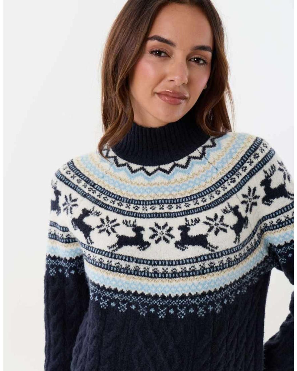 Threadbare Blue Reindeer Fairisle Cable Knit Christmas Jumper