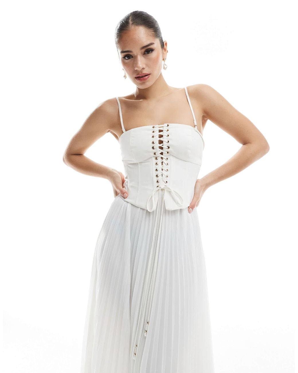 white christmas dresses Ivory White Corset Slim Drop Waist Pleated Spaghetti Strap Mini Dress –  Dazey Hill main image 0