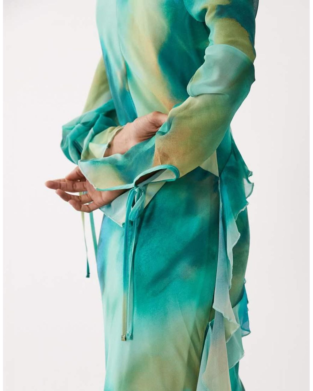 DASKA Green Chiffon High Cowl Neck Frill Detail Maxi Dress