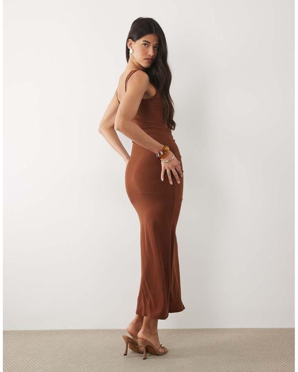TFNC London Brown Slinky Scoop Neck Knot Detail Split Maxi Dress