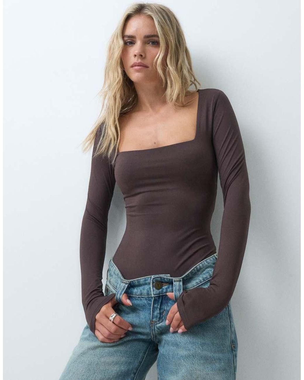 New Look Blue Slinky Long Sleeve Square Neck Bodysuit