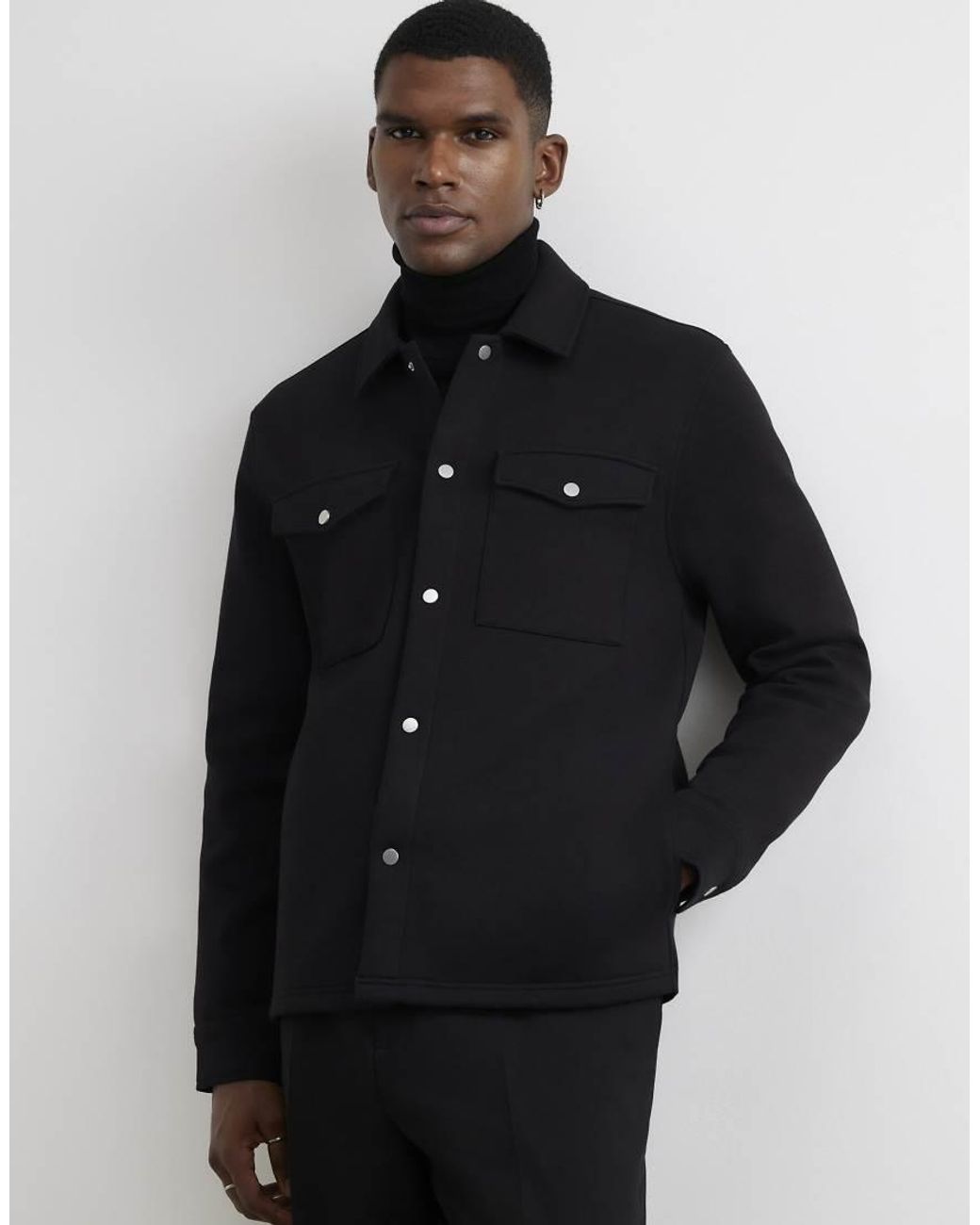 River Island Black Slim Fit Premium Collared Overshirt for men