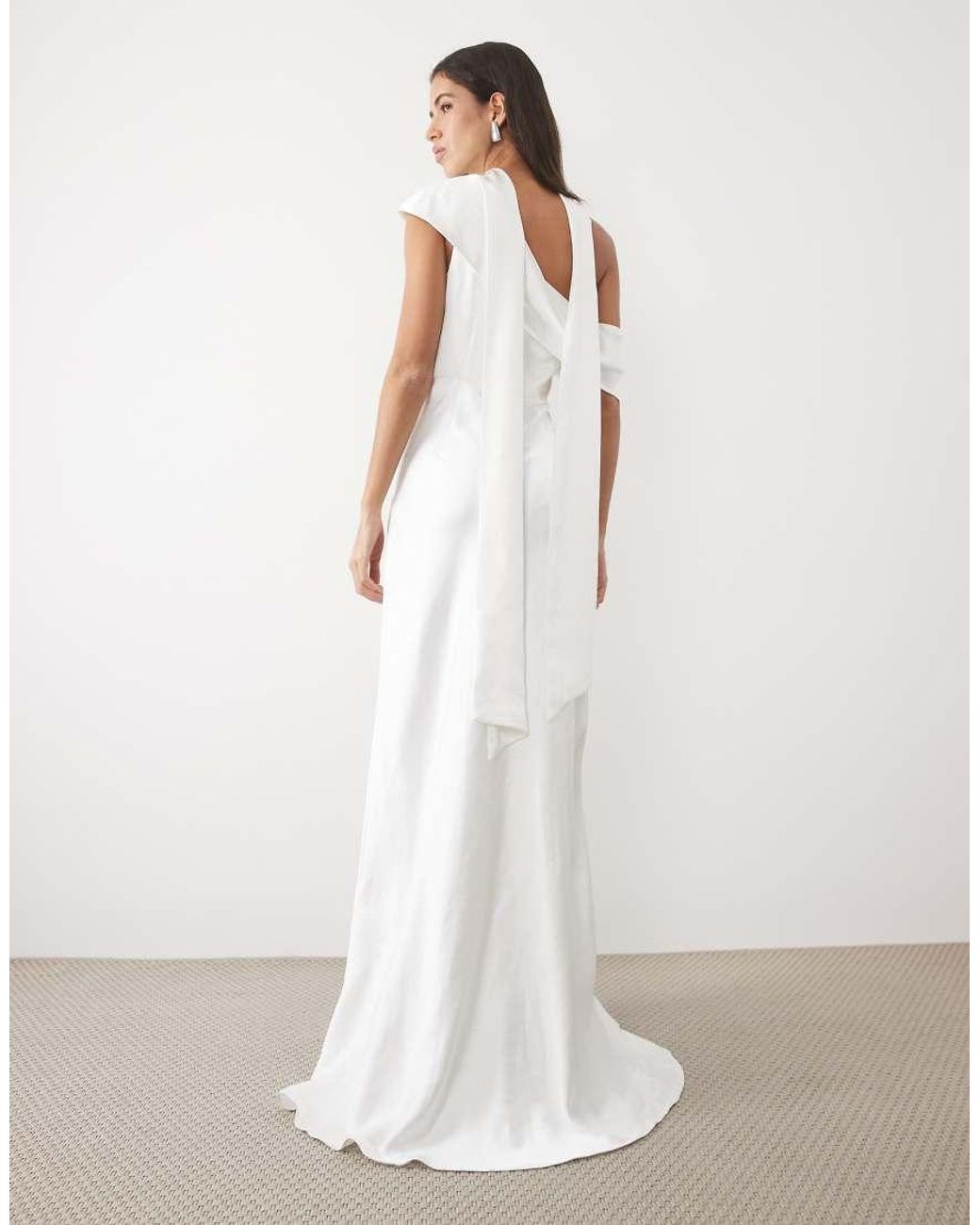 Six Stories White Bridal Satin Scarf Detail One Shoulder Maxi Dress