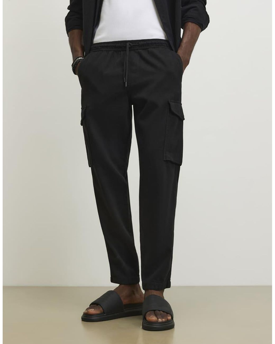 River Island Black Slim Fit Cargo Trousers for men