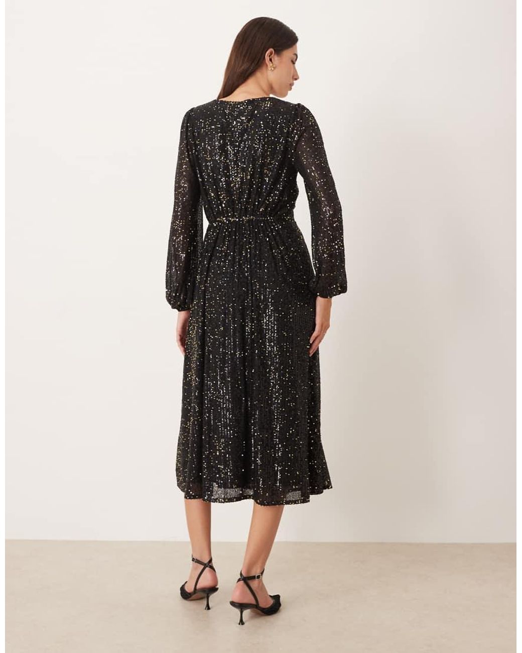 Lovedrobe Natural Sequin Faux Wrap Long Sleeve Midi Dress