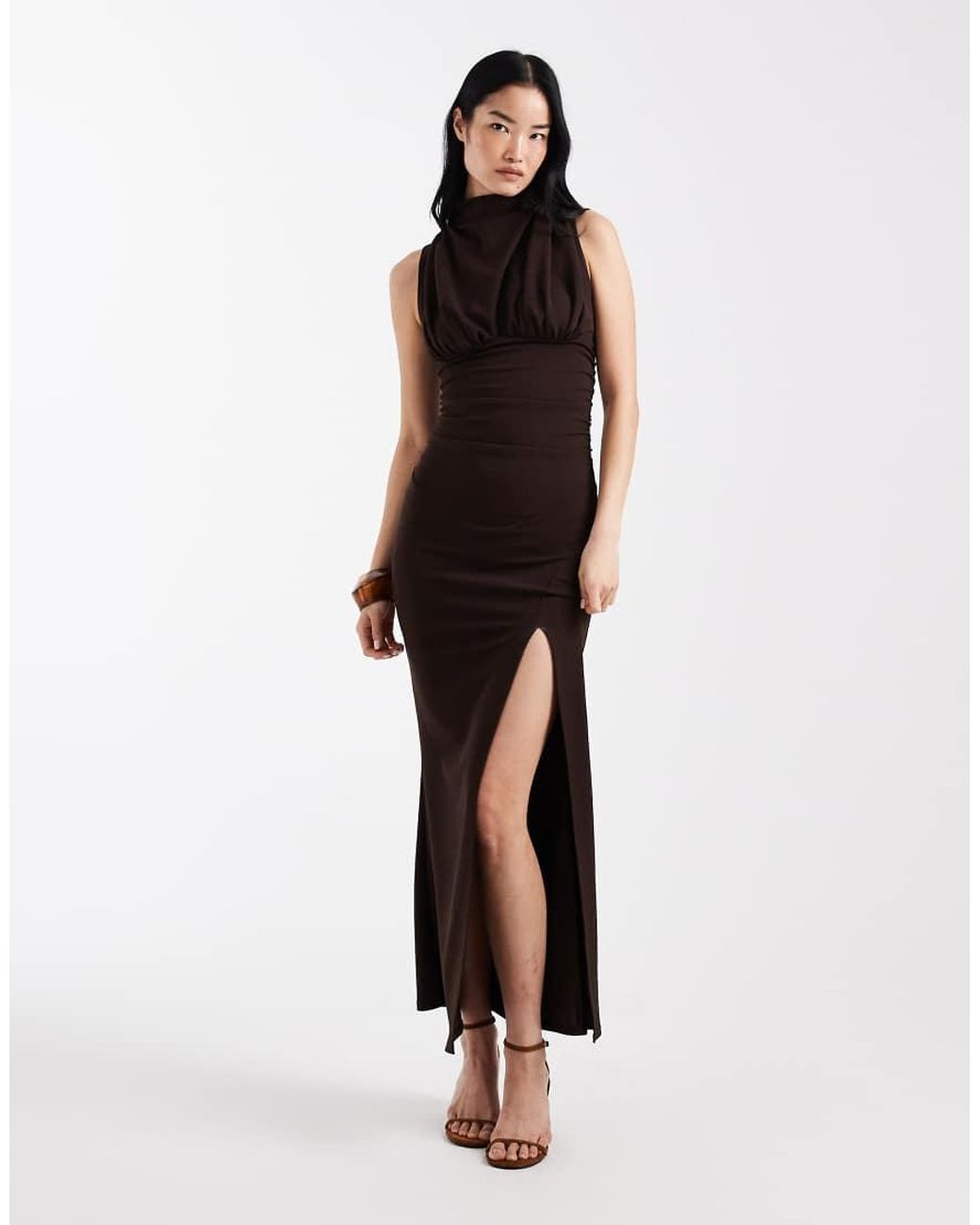 ASOS White Ruched Bodice Maxi Dress With Grown On Neck