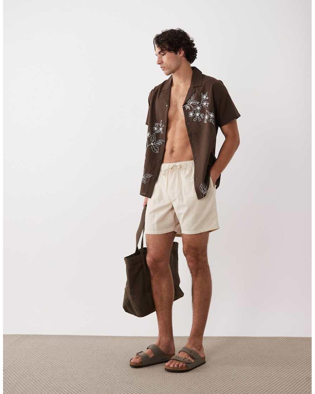 South Beach Natural Embroidered Beach Shirt for men