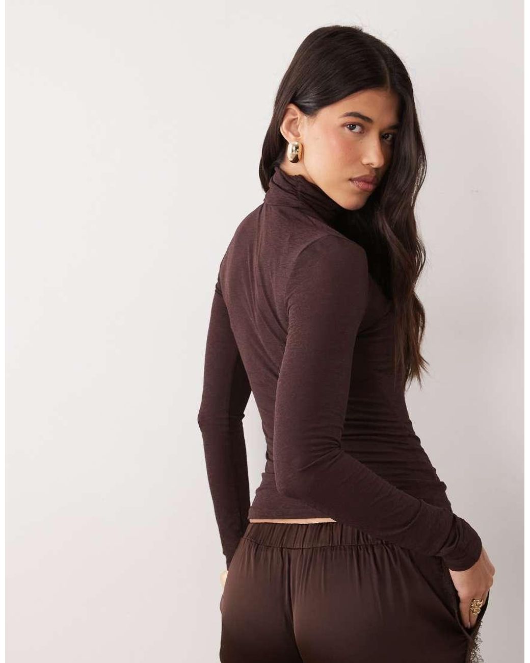 Noughts & Kisses Brown Gina Sheer Knitted Roll Neck Top