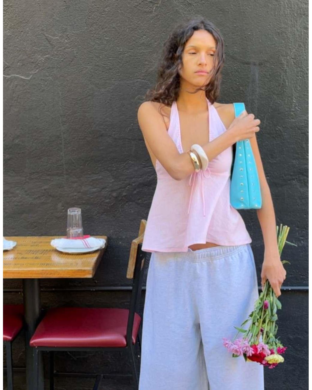 Bershka Pink Halter Top With Linen Tie