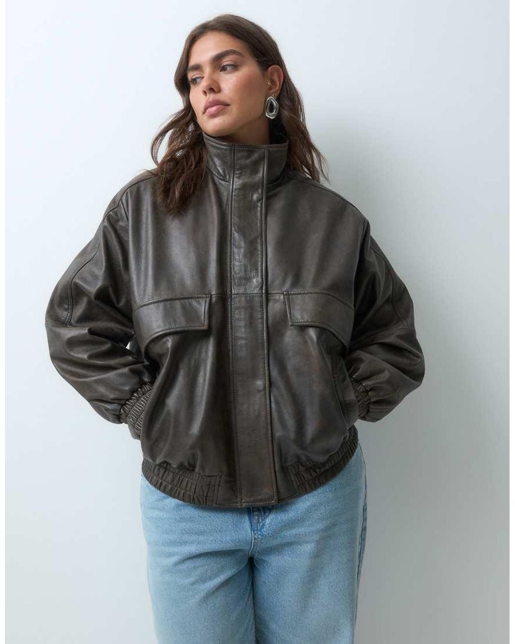 ASOS Black Asos Design Curve Real Leather Oversized Bomber Jacket