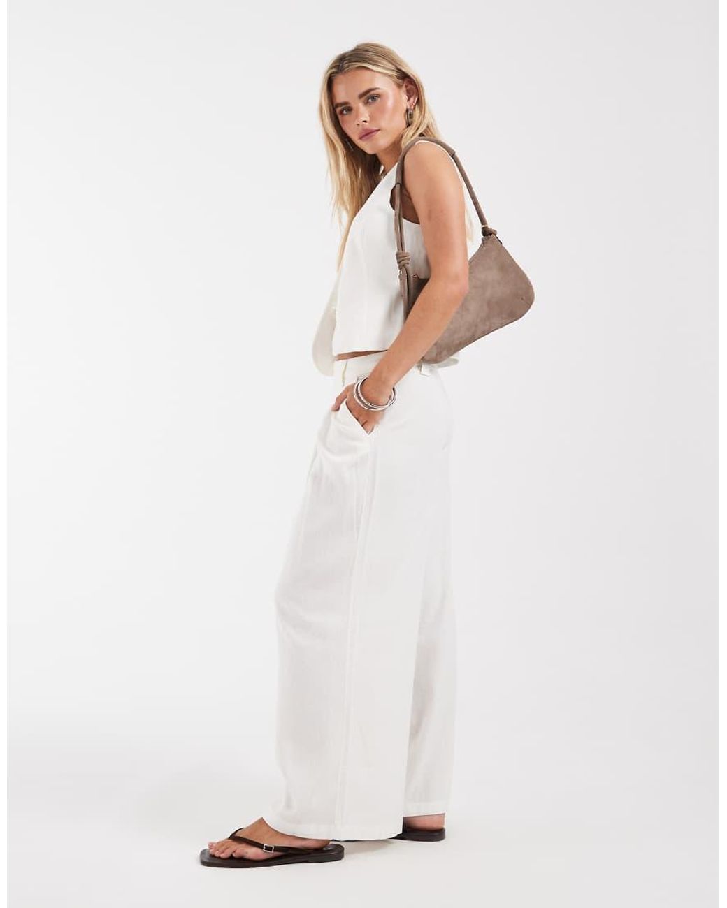 Only Petite White Linen Blend Tailored Wide Leg Trousers Co-ord